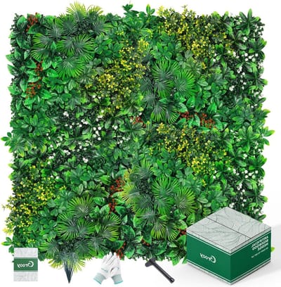 Grasmuur, kunstmatige tropische buxuspanelen 50,8 x 50,8 cm (20 x 20 in), privacyheggenscherm met uv-bescherming, groene achtergrond voor binnen, huis, bruiloftsdecoratie en buitenterras,