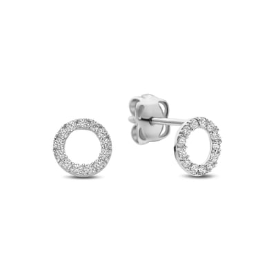9NBG-1012 – New Bling – Oorbel cirkel met 16 zirkonia – 14kt witgoud – 6 mm (diameter)