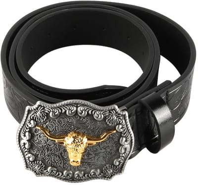 Dailygoods- Cowboy Riem Heren - Retro Riem - Antiek Zilveren Stierkop - Leer - 120 cm - Reliëfbloemenpatronen - Westernriem