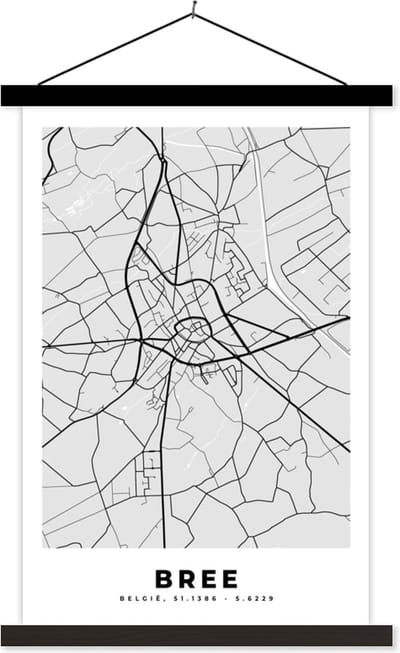 Posterhanger incl. Poster 40x60 cm - Schoolplaat - Stadskaart – Plattegrond – België – Zwart Wit – Bree – Kaart - Textielposter - Zwarte latten - Stadskaart