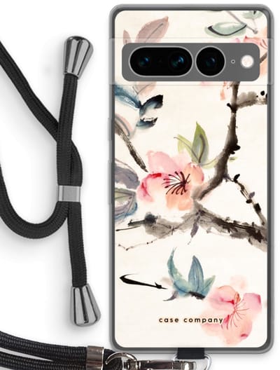 Case Company® - Hoesje met koord geschikt voor Google Pixel 7 Pro hoesje met Koord - Japanse bloemen - Telefoonhoesje met Zwart Koord - Bescherming aan alle Kanten en Over de Schermrand