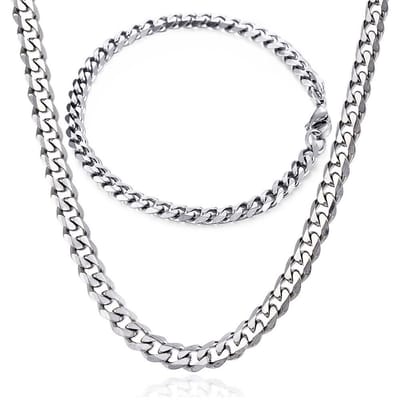 Ketting + Armband Set - Cuban Link Dikke Schakel - Zilver kleurig - 7mm - Kettingen Armbanden Sieraden Set Heren - Papa Cadeau Voor Mannen - Vaderdag