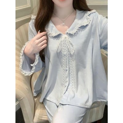 Fluwelen Pyjama Set 2-delige Pyjama Prinsessenstijl Loungewear Dames Schattige Kant Afwerking Loungewear Tops Broek Loungewear XL blauw