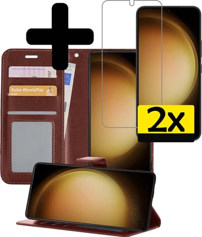 Hoesje - Met 2x Screenprotector - Geschikt voor Samsung Galaxy S23 - Luxe Pasjeshouder - Bookcase Portemonee - Flip Case - Kunstleer Book Case - Flipcase Hoes - Book Cover - Walletcase - Portemonneehoes - Telefoonhoesjes - Bruin