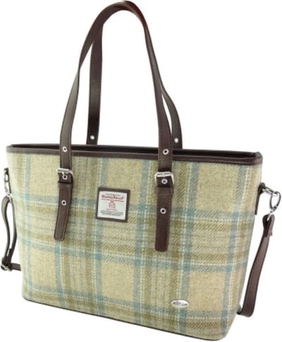 Schoudertas Spey Tote bag Beige Stewart en zacht Groen - Groot - Ritssluiting - Harris Tweed - Glen Appin of Scotland