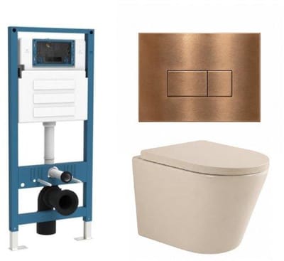 QeramiQ Dely Toiletset - inbouwreservoir Qeramiq Flush - 35mm zitting - metaal koperen bedieningsplaat - rechthoekige knoppen - beige