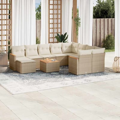 vidaXL - 11-delige - Tuinset - met - kussens - poly - rattan - beige