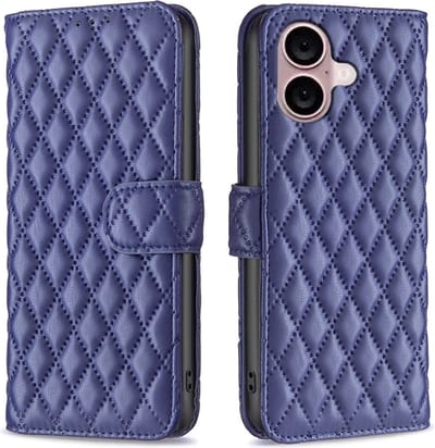 BINFEN Hoesje - Geschikt voor iPhone 16 Hoesje - BINFEN Rhombus Book Case - Blauw
