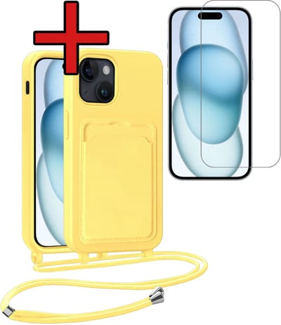Hoesje Geschikt voor iPhone 15 Plus Hoesje Met Telefoonkoord en Pasjeshouder Met Screenprotector Siliconen - Hoes Geschikt voor iPhone 15 Plus Hoesje Met Kaarthouder Case - Geel