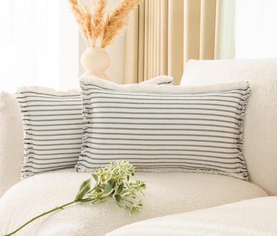 Set van 2 Boho Farmhouse Kussenslopen met Franje, Zwart Gestreepte Lumbar Kussens voor Sofa en Bed, Decoratieve Kussenhoezen voor Woonkamer en Slaapkamer