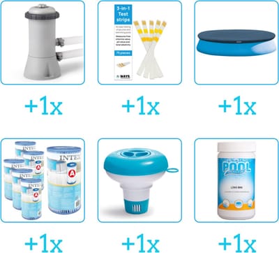Accessoires voor Intex Easy Set Zwembad - 396x84 cm - Rond - Opblaasbaar - Intex - 28143NP - Zwembadfilterpomp - Testrips - Afdekzeil - Filters - Chloordrijver - Chloor