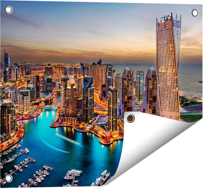 Gards Tuinposter Dubai Haven met de Stad - 50x40 cm - Tuindoek - Tuindecoratie - Wanddecoratie buiten - Tuinschilderij