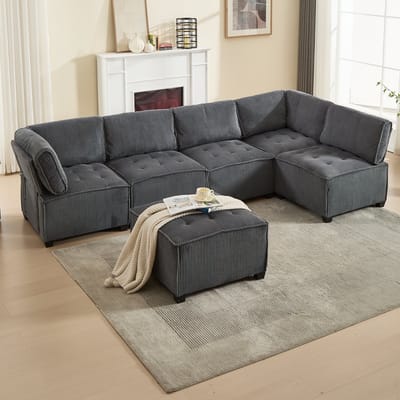 Wishdor - Modulaire 6-Zits Bank - Flexibel Als U-Vorm L-Vorm Of Slaapbank - Ergonomisch Ontwerp - Voor Woonkamer - Ribstof - Grijs
