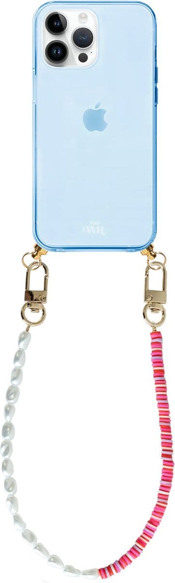xoxo Wildhearts silicone case met koord - Blauw telefoonhoesje met koord - telefoonketting - Island Girl - short - Cord Case - geschikt voor Apple iPhone 12 Pro - Korte parelketting / kralenketting - Parels - Wit / Roze
