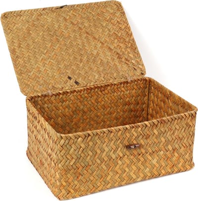 Handgeweven Wicker Opbergmanden met Deksel van Zeegras, Rectangulaire Mand voor Planken, Bureau en Thuisorganisatie (Natuurlijk, Groot)