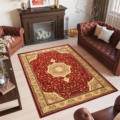 Tapiso Yesemek Vloerkleed Rood Traditioneel Vintage Frame Medaillon Design Woonkamer Slaapkamer Tapijt Maat - 60x100