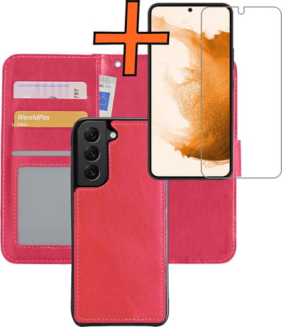 Hoes - 2 in 1 - Geschikt voor Samsung Galaxy S22 - Met Screenprotector - En Uitneembare Hard Cover - Bookcase - Wallet Case - Met Pasjeshouder - Book Case - Uitneembaar - Pashouder - Kunstleer - Donkerroze