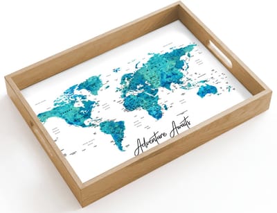Dienblad hout 40x30 cm - Schootdienblad - Wereldkaart - Blauw - Kleurrijk - Borrelplank rechthoek - Plateau dienbladen