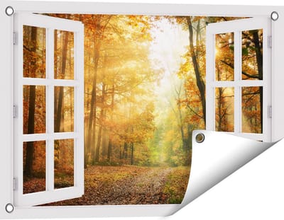 Gards Tuinposter Doorkijk Herfstbos met Zonneschijn - 60x40 cm - Tuindoek - Tuindecoratie - Wanddecoratie buiten - Tuinschilderij