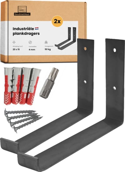 GoudmetHout® Industriële Plankdragers L-vorm UP - 20 cm - Stalen Plankdrager voor Wandschap, Muurrek of Wandconsole - Max 50 kg - 2 Stuks - Mat Blank