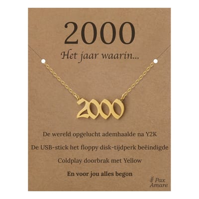 Jaartal 2000 Ketting op Cadeau Kaartje - Goudkleurig Stainless Steel - 45cm - Met informatie over geboortejaar - Pax Amare