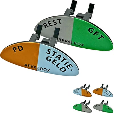 Vuilniszak Clips Afvalscheiding (4 Stuks) – Vuilnisbak Clips – 2-in-1 Prullenbak Verdeler Rest/GFT + PD/Statiegeld – Vuilniszak Klemmen met Kleurcodering – Complete Afvalscheiding – Prullenbak Clips – 3D Geprint