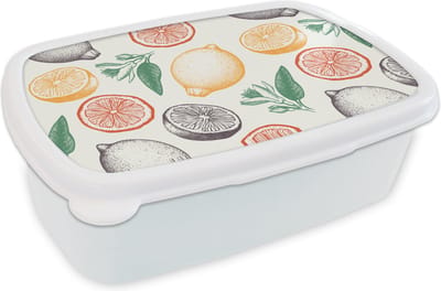 Broodtrommel Wit - Lunchbox - Brooddoos - Fruit - Vintage - Keuken - Patronen - 18x12x6 cm - Volwassenen