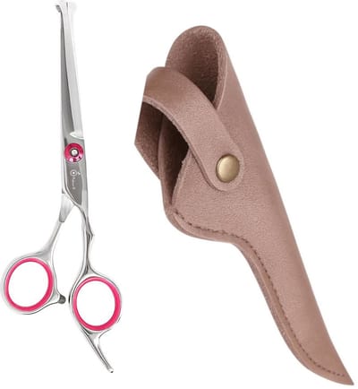 Professor Q – Uitdunschaar / Contourschaar – Professionele Hondenschaar – Roze – Voor Vachtverzorging & Trimmen – Inclusief Luxe Lederen Etui – Brons –16,5 cm