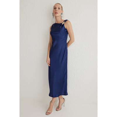 Damesjurk in marineblauw, effen midi-model met spaghettibandjes, stijlvol/naadloos model