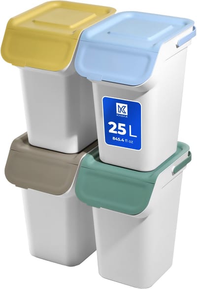 KADAX Afvalscheidingssysteemset, afvalcontainer met luchtdicht klapdeksel, afvalscheidingscontainer 25 liter, afvalverzamelaar, vuilnisemmer voor keuken, afvalemmer (lichtgrijs, 4 x 25 l)