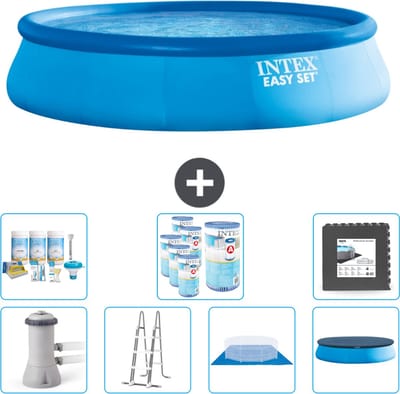 Intex Rond Opblaasbaar Easy Set Zwembad - 457 x 107 cm - Blauw - Inclusief Pomp - Ladder - Grondzeil - Afdekzeil Onderhoudspakket - Filters - Vloertegels