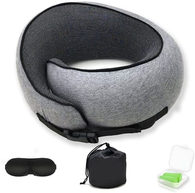 Rainbecom - Reiskussen Nekkussen Memory Foam - Grijs - Neck Travel Pillow - Hoofdkussen - Luxe Reiskussen Set - Traagschuim - met Oordoppen en Slaapmasker - Vliegtuig & Auto