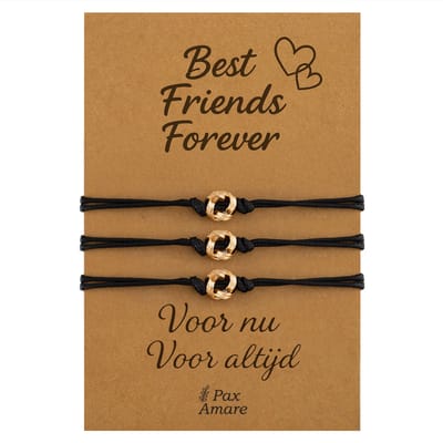 Vriendschapsarmbandjes voor 3 "Best Friends Forever" - Knoopjes - BFF Armbandjes met Persoonlijk Cadeau Kaartje - Goudkleurig - Elastisch Verstelbaar - Pax Amare