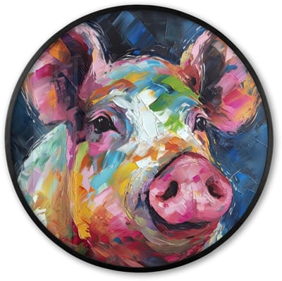 Poster in lijst Rond - Fotolijst 60x60 cm - Posters - Varken - Olieverf - Dieren - Kunst - Ronde posterlijst zwart - Decoratie - Wanddecoratie woonkamer - Muurdecoratie slaapkamer
