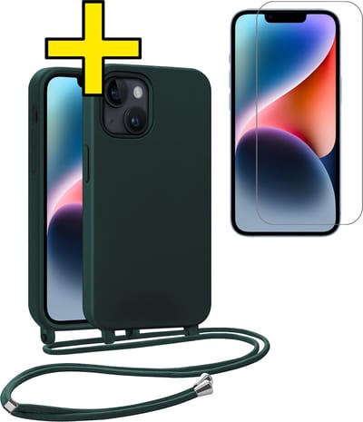 Hoesje Geschikt voor iPhone 13 Mini Hoesje Met Koord Met Screenprotector Siliconen Case - Hoes Geschikt voor iPhone 13 Mini Backcover Met Afneembaar Koord - Donkergroen