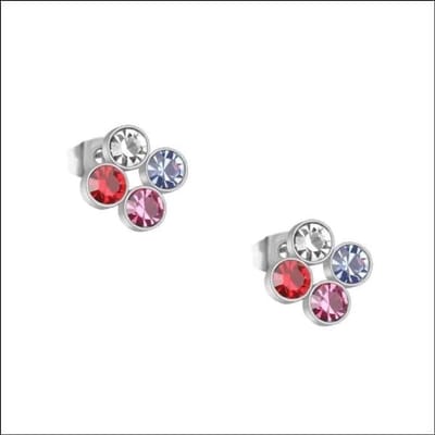 Aramat Jewels | Oorbellen | Stalen Oorbellen met Vier Zirkonia Steentjes | Zilverkleurig / Multikleur | |8mm | Staal | Kinderen, Volwassenen | Verkleurd niet