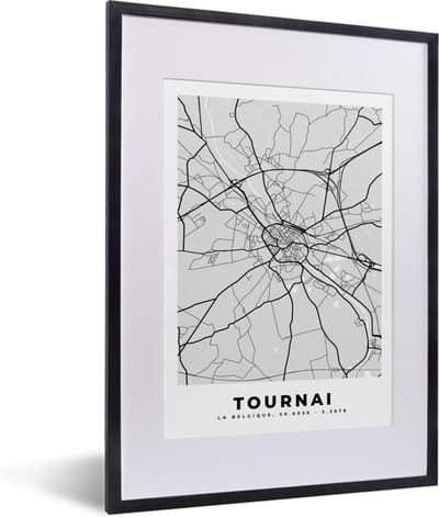 Fotolijst incl. Poster Zwart Wit- Stadskaart – Plattegrond – België – Zwart Wit – Tournai – Kaart - 30x40 cm - Posterlijst