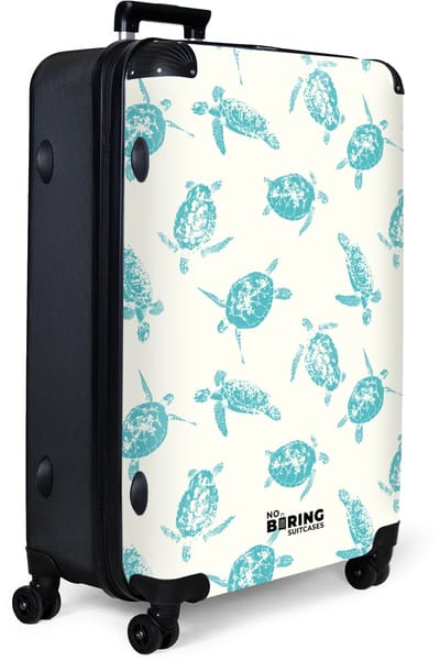 NoBoringSuitcases.com® - Koffer groot - Reiskoffer lichtgewicht - Wit met blauwe schildpadden - Rolkoffer met 4 wielen - Grote trolley XL - 98 liter bagage