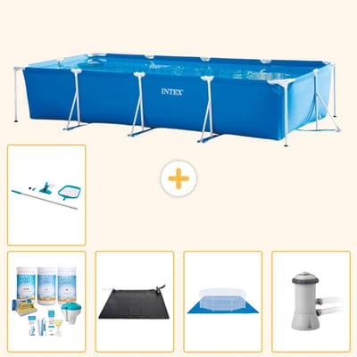 Intex Rechthoekig Frame Zwembad - 450 x 220 x 84 cm - Blauw - Inclusief Onderhoudspakket - Solar Mat - Grondzeil - Zwembadfilterpomp - Schoonmaakset - 6-delig