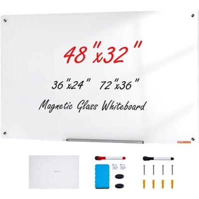 VEVOR Magnetisch Glazen Whiteboard, Wandbord Droog Uitwisbaar Bord 120 X 80 cm, Wandgemonteerd Wit Glazen Bord Zonder Frame, met Pennenbakje, Een Gum En 2 Pennen, Magneetbord Wit