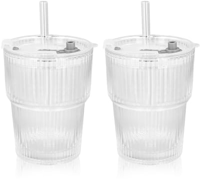 Dailygoods- Glazen Beker met Deksel en Rietje - Set van 2 - Borosilicaatglas - 450 ml - Ideaal voor IJskoffie/Smoothies - Lekvrij Deksel - Drinkglas