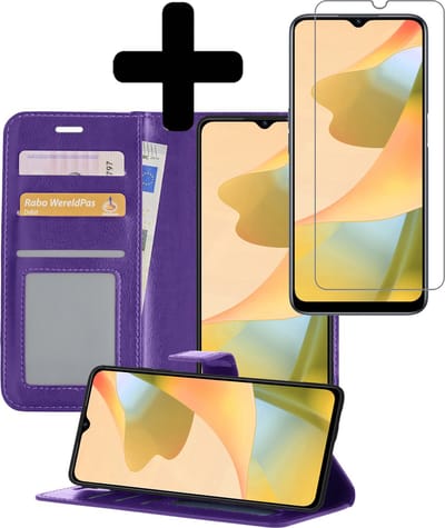 Hoesje - Met Screenprotector - Geschikt voor OPPO A16 - Luxe Pasjeshouder - Bookcase Portemonee - Flip Case - Kunstleer Book Case - Flipcase - Book Cover - Walletcase - Portemonneehoes - Telefoonhoesjes - Paars