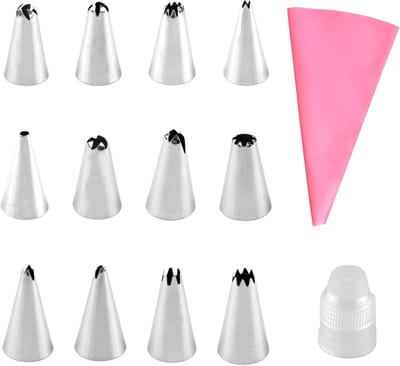 Famanu – Spuitmondenset 14-delig met 12 RVS spuitmondjes, spuitzak en adapter voor cupcakes en taarten