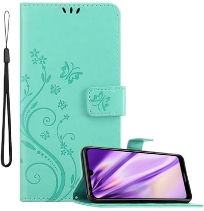 Cadorabo Hoesje geschikt voor Huawei Y6 2019 in BLOEMEN TURKOOIS - Beschermhoes in bloemmotief met magnetische sluiting, standfunctie en kaartsleuven Book Case Cover Etui
