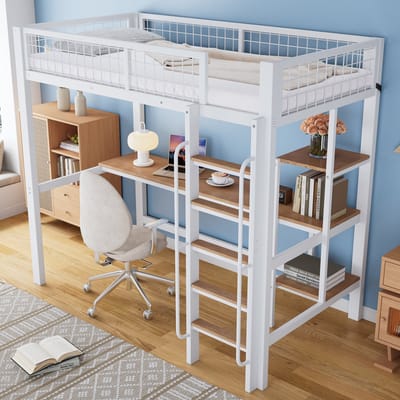 STILVORA Stapelbed 90x200 cm – Bovenbed Met Bureau En Planken – Vijftraps Ladder Met Leuningen – Valbeveiliging – Zonder matras – Metaal En Hout – Wit