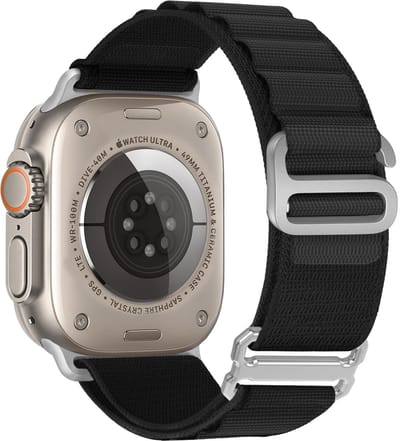 Stravo Alpine Loop Nylon Bandje Geschikt voor Apple Watch 46mm (Series 10/11), 45mm (Series 7/8/9), 44mm (Series 4/5/6, SE 1/2/3), 49mm (Ultra 1/2/3) – Zwart/Zilver - Sportief Horlogebandjes met 6-Haak Sluiting