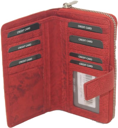 Oi rode gemêleerde rits portemonnee / halflange lederen damesportemonnee voor veel pasjes / leren beurs afsluitbaar / ritsportemonnee met diep biljetvak en rits voor muntgeld / Anti skim / rood leer / 477Red