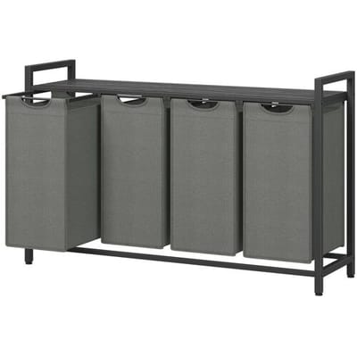 Ochama 4-vaks wasmand met uitschuifbare & verwijderbare binnenzakken, plank – Metalen frame, 4 x 40 L, 116 x 33 x 72 cm, leigrijs & antracietgrijs