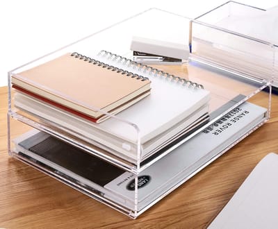 papieren opbergvak, transparante bureau-organizer en accessoires van acryl, kantoorbenodigdheden, stapelbare archiefhouder, kunstopslag voor school, brievenbak, 2 stuks/2 verdiepingen
