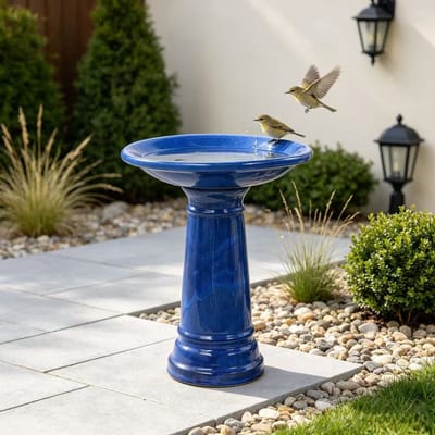 Keramiek Vogelbad - Vogelbad Op Voet - Tuin Vogelbad - Vorstbestendig - Weerbestendig - Geglazuurd - Handgemaakt - Tuin - 31,5x38cm - 1 Stuk - Blauw